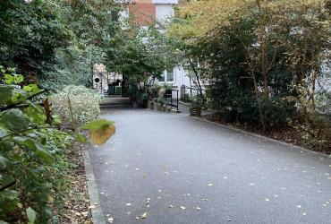 Allée du site bordée par une végétation arbustive